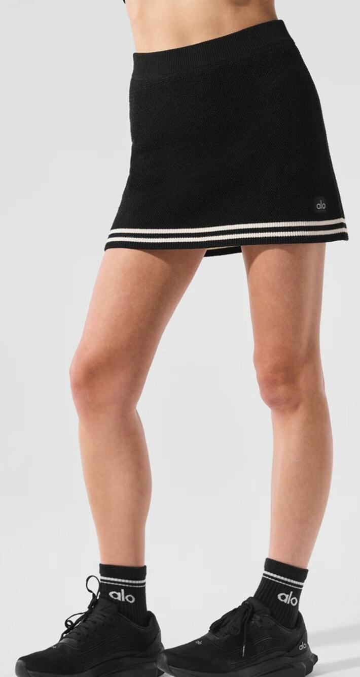 Alo Yoga Knit High-Waist Tennis Skirt Black Ivory Trim Women's Size Small